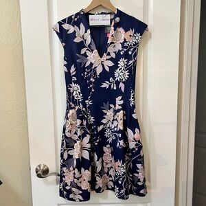 Vince Camuto Fit & Flare Floral Blue Scuba Dress with Pockets Women’s 4